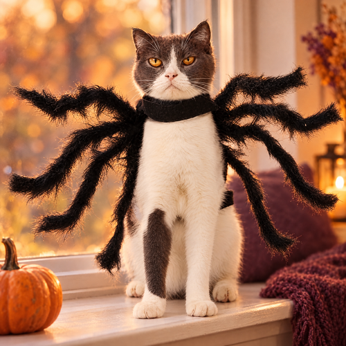 Cat wearing black bat wings on a windowsill with a small pumpkin