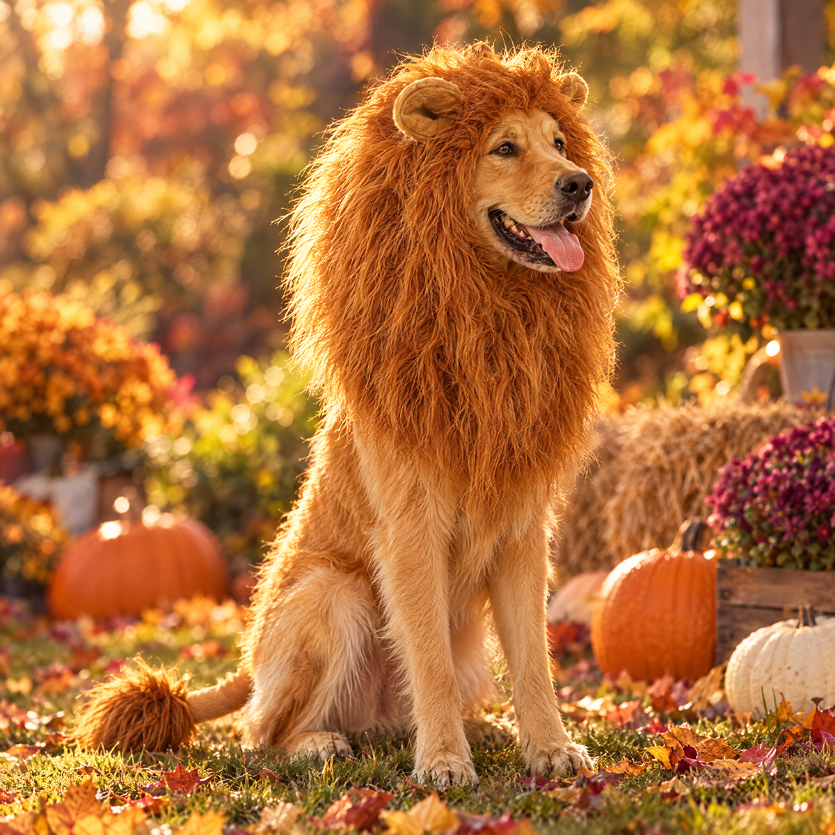 Dog wearing a lion mane costume in an autumn garden