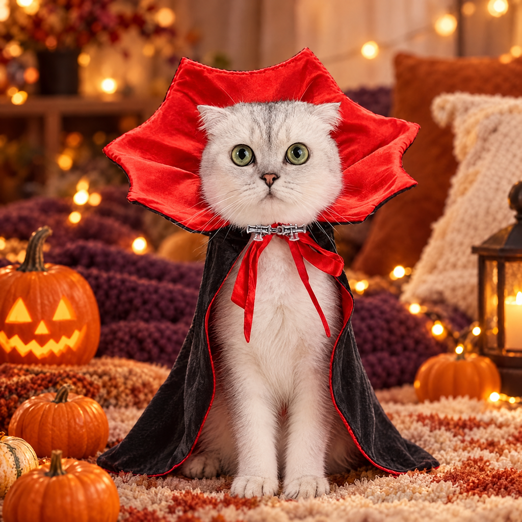 Small cat wearing a Halloween cloak costume beside small pumpkins