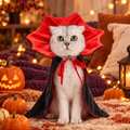 Small cat wearing a Halloween cloak costume beside small pumpkins